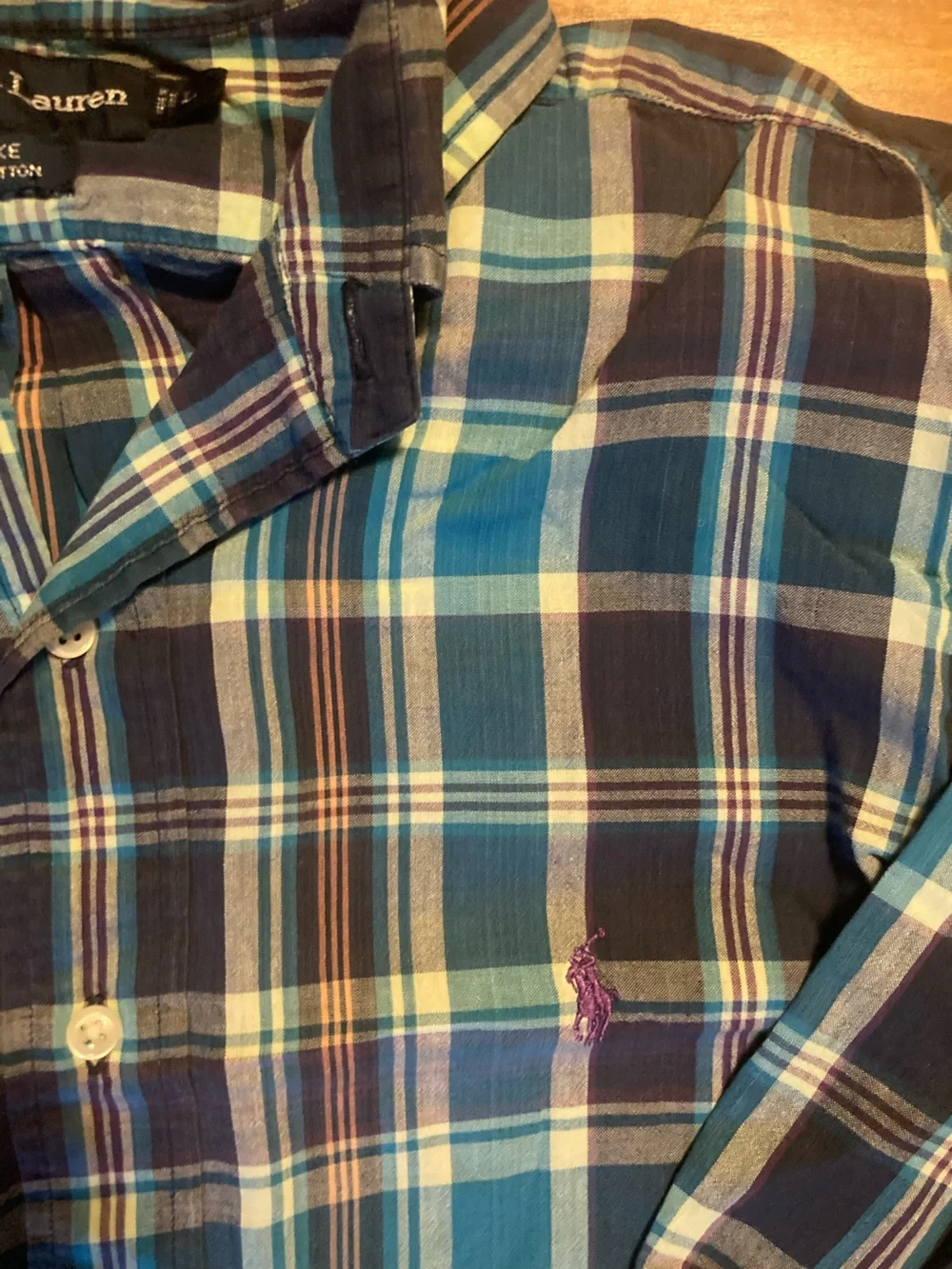 Ralph Lauren Blake Mens L Blue Plaid Button Down Shirt Purple Pony 100% Cotton